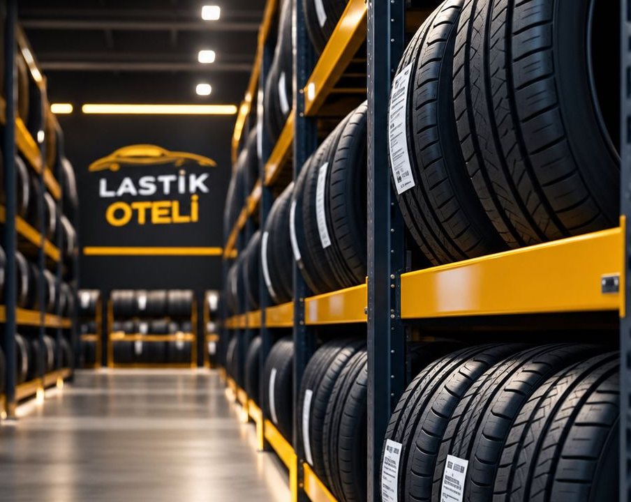 Lastik oteli deposu: sarı raflarda etiketli lastikler